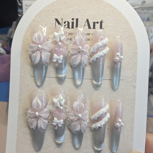 3D Pink Flower and Bow Tie Handmade Press-on Long Nail Set - Picture 5 of 11